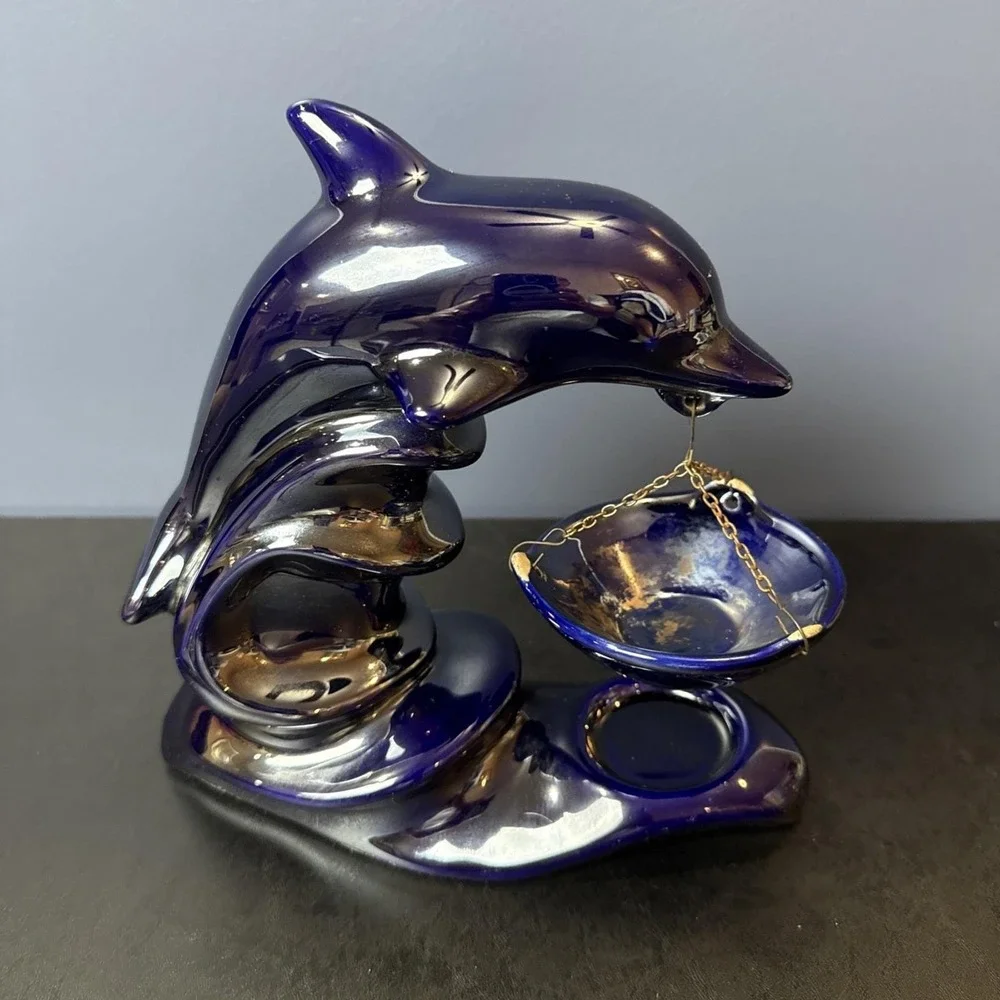 Dolphin Tea Light Candle Holder Wax Melt Made in Poland Iridescent Dark‎ Blue